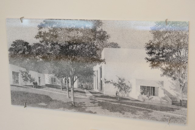 James Barr sketched this pencil rendering of the CFA's smooth planar walls that parallel Wyllys Avenue, enclosed by the Rehearsal Hall. 