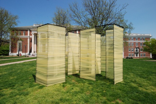 Students enrolled in Wesleyan's Architecture II class designed and installed an exhibit titled "Confession" in front of Olin Library.