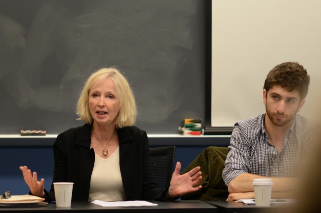 Jill Morawski, the Wilbur Fisk Osborne Professor of Psychology, professor of science in society, professor of feminist, gender and sexuality studies, along with Ethan Hoffman ’14 and Nick Myerberg ’14 (not pictured) presented “Body Resistance: Mapping Power and Defiance in the Milgram Experiments”, their research on the Stanley Milgram obedience experiments, on May 9 at the Center for Humanities’ last theory salon of the 2013-2014 school year.