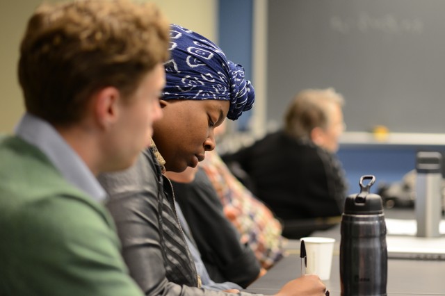 Kirby Neaton ’15 and Gerpha Gerlin ’16 were among the student attendees at the theory salon.