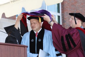 During Wesleyan’s Commencement Ceremony on May 25, Wesleyan President Michael Roth awarded honorary degrees to Hayden White, Theodore Shaw ’76 and Helena Chmura Kraemer.