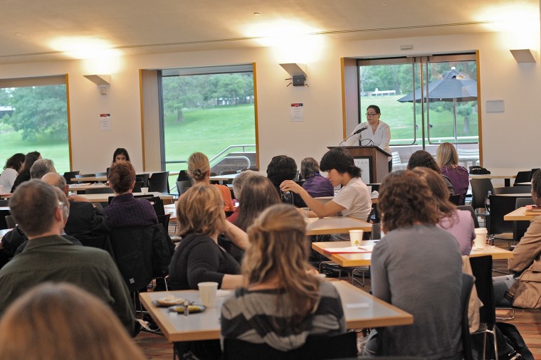 Writing faculty Amy Bloom made remarks during the Writing Conference Introduction of Faculty and Fellows, June 12 in Mink Dining Hall.  