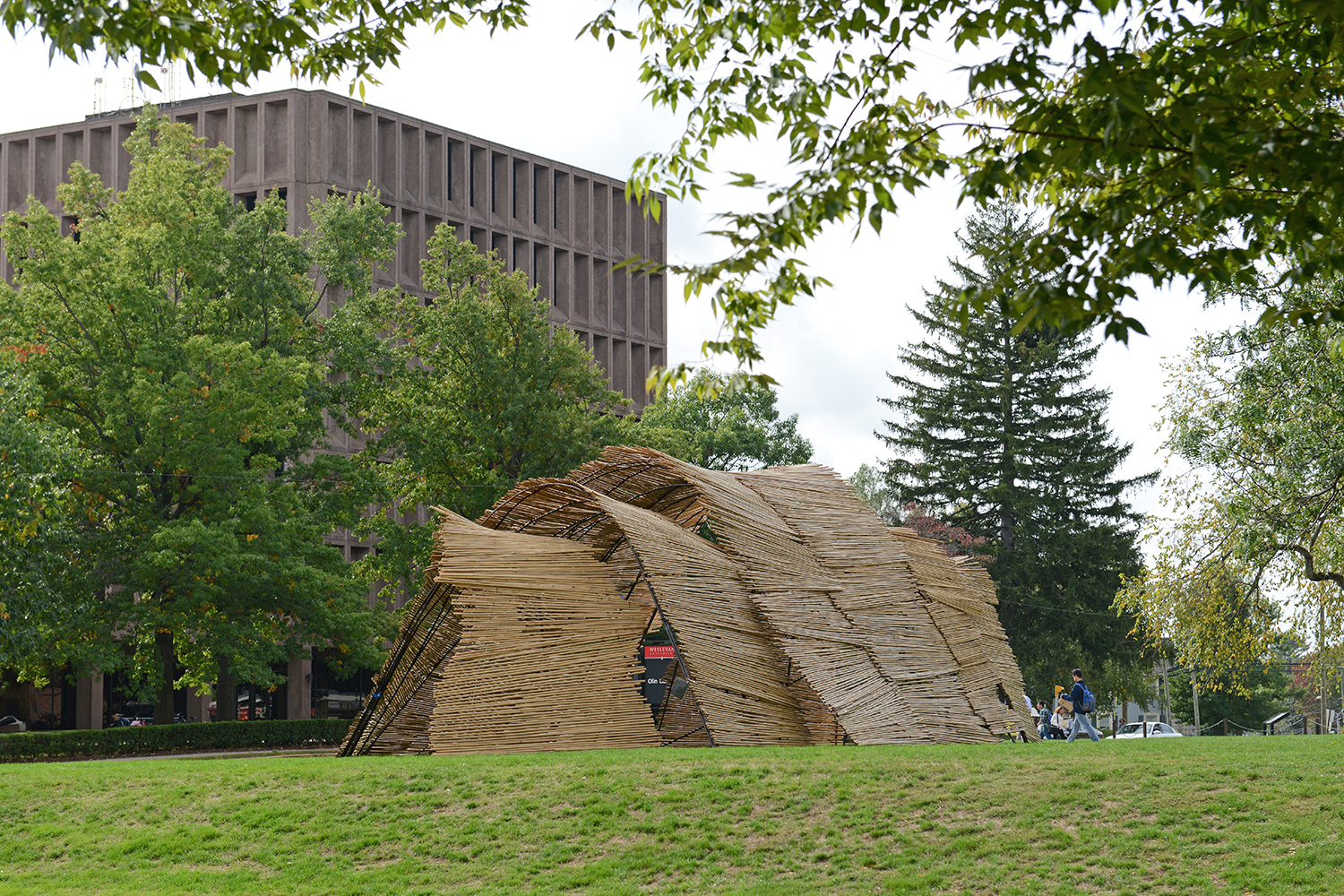 WesSukkah, pictured here on Oct. 7, is a temporary structure located on the lawn of Olin Library.