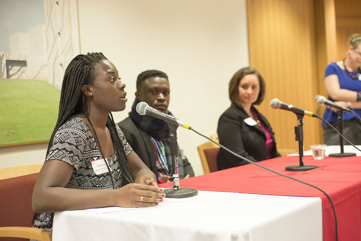 Tiffany Aquino of Unite for Sight; Shadrack Frimpong of Healthy Africa; and Chelsea Tweneboah '15 of Cape Coast Regional Hospital in Ghana participated in a healthcare panel. The talk was moderated by Laura Ann Twagira, assistant professor of history. 
