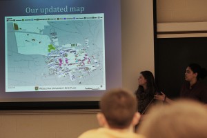 During the group presentations, Katy Thompson '15, Rebecca Sokol '15, Chloe Holden '15 and DeNeile Cooper '15 discussed ways they've incorporated student-manged land areas into the Wesleyan campus maps.