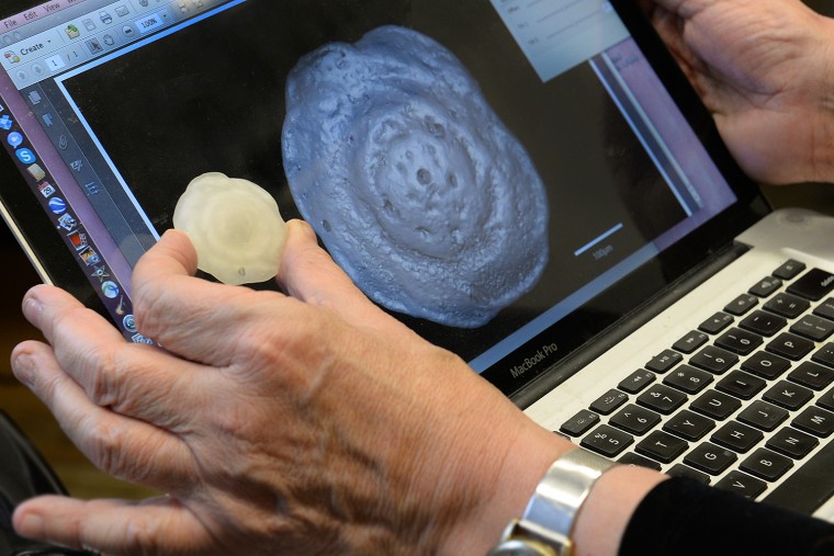 Ellen Thomas shows a 3-D print and 3-D pdf file of the extinct microfossil Nuttallides truempyi, which has been used extensively in geochemical studies Nuttallides lived on the seafloor in deep ocean water, as does its living descendant. Computer-aided visualizations are revolutionizing the way scientists study microfossils, allowing them to study and quantify many features of the specimens.