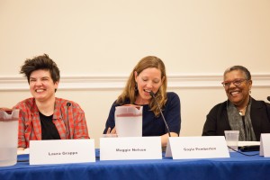 Panelists Laura Grappo '01, assistant professor of American Studies, assistant professor of feminist, gender and sexuality studies; Maggie Nelson '94, teaches at California Institute of the Arts; and Gayle Pemberton, former Wesleyan professor of English, currently professor of English at Mt. Holyoke College.