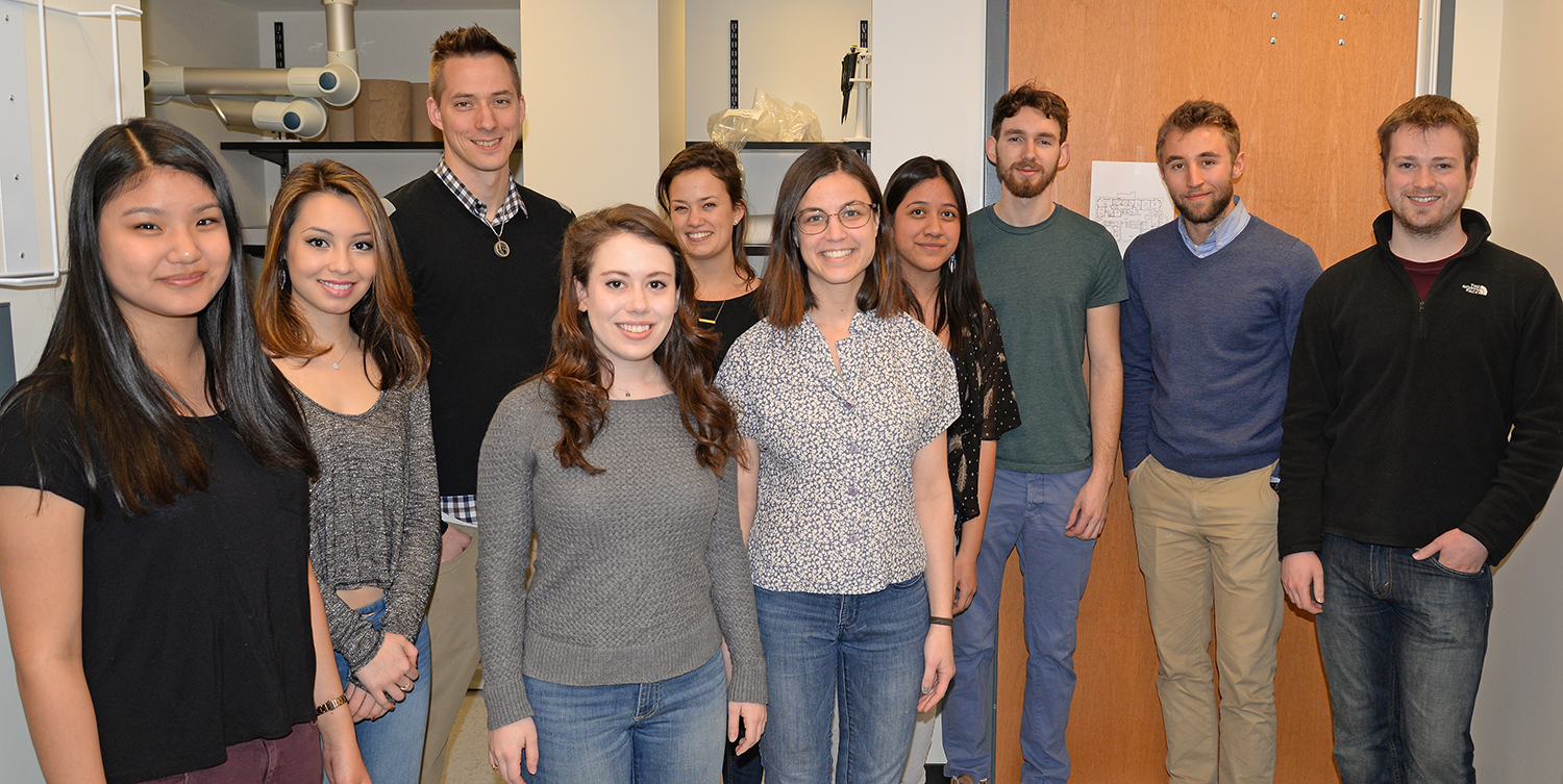 The Robinson Lab: Pictured, from left, Sarah Mi '16; Rebecca Tom '16;  Mike Robinson; Hannah Maniates '16; Caroline Mead '15; Ellen Lesser '15; Aime Arroyo-Ramirez '16; Jeremy Levit '15; Fred Ayres '17 and lab manager Adam Fischer.