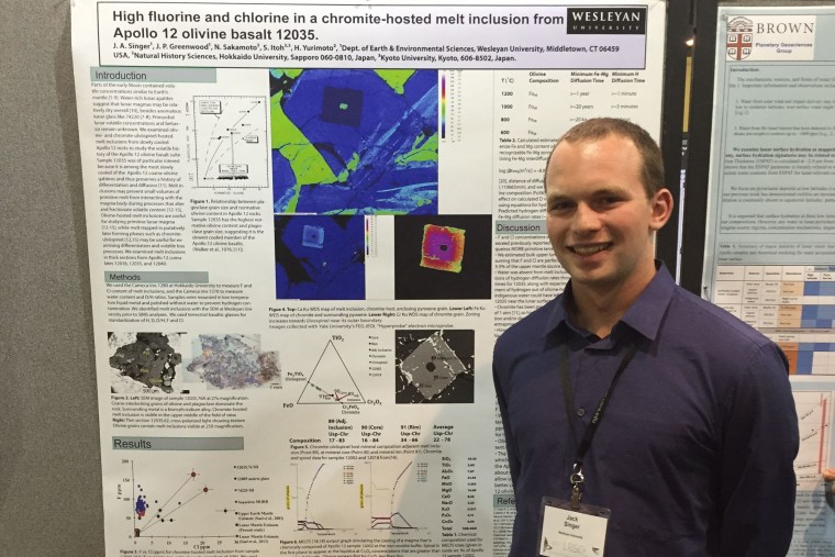 Jack Singer ’15 presented a poster titled "High fluorine and chlorine in a chromite-hosted melt inclusion from Apollo 12 olivine basalt 12035.” He was supported by NASA Connecticut Space Grant and is the McKenna Scholar in E&ES. Jim Greenwood is his advisor.