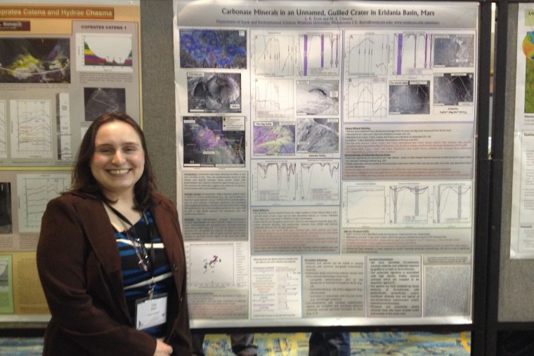 Lisa Korn, MA ’15 presented a poster titled "Possible Carbonate Minerals within an Unnamed Gulled Crater in Eridania Basin, Mars.”  She was supported by NASA Connecticut Space Grant and the E&ES Foye Fund. Scott Murchie, the Principal Investigator of the instrument whose data she uses (the CRISM spectrometer in orbit at Mars) showed her work to NASA as an example of the important new discoveries being made with the instrument. Korn's advisor is Marty Gilmore, chair and professor of earth and environmental sciences and the George I. Seney Professor of Geology. 