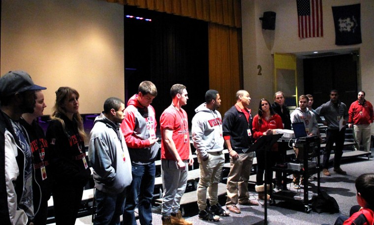 Wesleyan student athletes made an appearance at Woodrow Wilson Middle Middle School to share inclusive, accepting social values with other students. (Photo courtesy of Kathleen Schassler/The Middletown Press)
