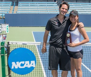 Eudice Chong '18 with Head Coach Mike Fried on the courts of the Lindner Family Tennis Center in Mason, Ohio moments after capturing the 2015 NCAA Division III women's tennis singles title. (Photo courtesy of Ohio Northern U.)