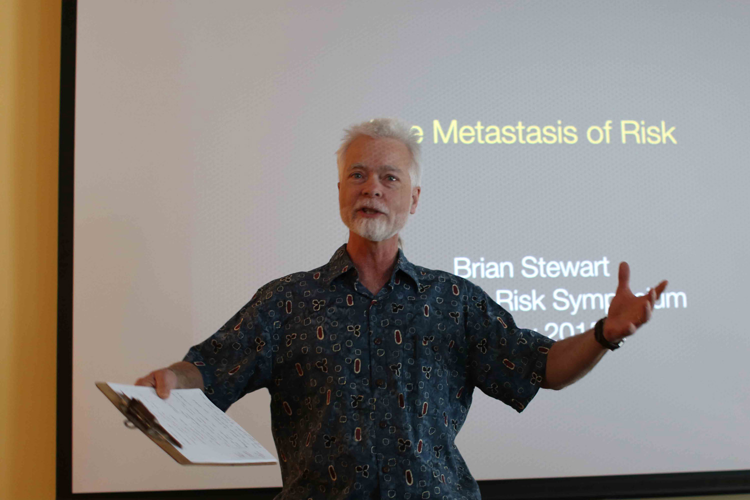 Brian Stewart, professor of physics, professor of environmental studies, spoke on "The Metastasis of Risk."