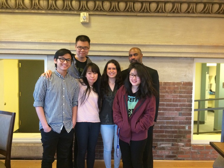 Members of Wesleyan's Interfaith Council attended a campus-wide interfaith dinner on April 25. Shown from left to right, Eki Ramadhan '16, Aobo Dong '15, Michelle Han '16, Lydia Ottaviano '17, Hiram Brett, Yale Divinity School intern in Wesleyan’s Office of Religious and Spiritual Life, and Jamie Jung '16. (Photo by Tracy Mehr-Muska.)