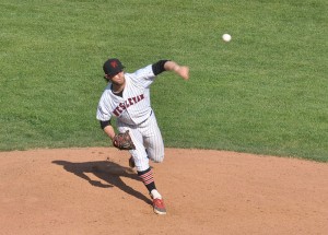 Nick Cooney pitching against Bates in spring 2015.