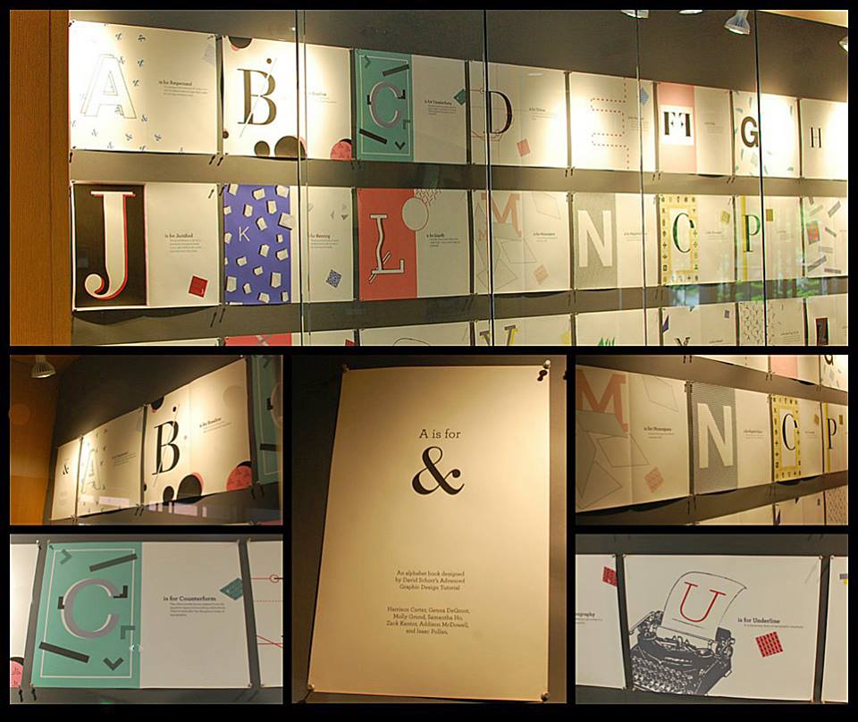 Now on view at Usdan: A is for Ampersand, the final project of Professor of Art David Schorr’s Advanced Graphic Design Tutorial. Students in the class conceived and realized the project with inspiration from a non-curricular project on which some of the students had worked as members of The Type Club. All decisions regarding font, format and other particulars were made as a group, with most of the letters developing or being entirely redone over a four-week period.