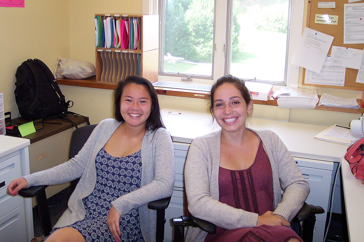 At left, neuroscience and behavior and Science in Society Program major Lauren Yue ’17 and East Asian studies major Abby Gruppuso ’16 are employed by the Office of Admission. This summer, they are working as student tour guides. Yue says her job allows her to meet people from all around the world. “It’s a lot of fun and I enjoy interacting with everyone I meet,” she said. Gruppuso enjoys working with parents in particular. “They’re excited to be here and they really like that their child is checking out Wesleyan.” she said. 