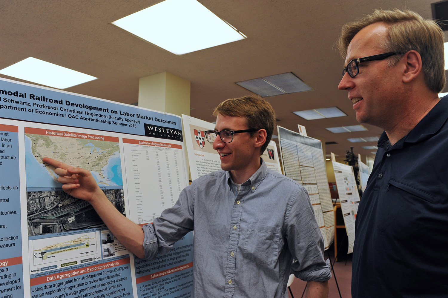 On July 30, the Wesleyan Summer Research Poster Session was held at Exley Science Center. More than 50 undergraduate research fellows presented research at the event. (Photo by Laurie Kenney)