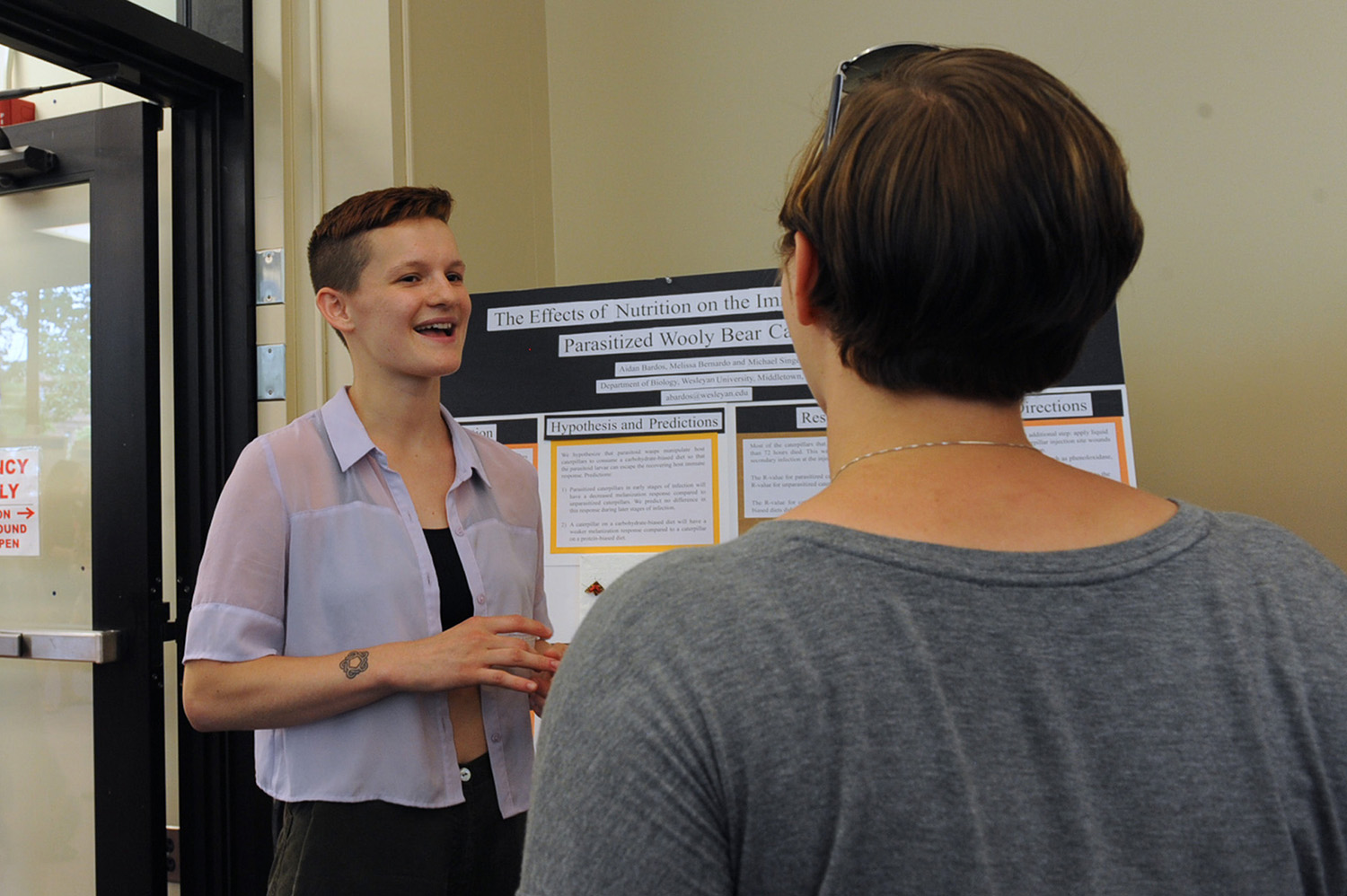 Aidan Bardos ’17 presented her research titled "The Effects of Nutrition on the Immune Response of Wooly Bear Caterpillars Infected by Parasitoid Wasps." Bardos' faculty advisor is Michael Singer, associate professor of biology and environmental studies.