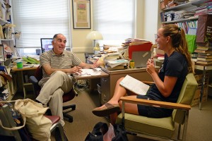 On Sept. 3, Meg Harrop '19 met with her academic advisor, Professor of Economics Richard Grossman, to discuss her fall semester pre-registaton enrollments and educational goals. The individual faculty advising appointments are part of New Student Orientation for the Class of 2019. 