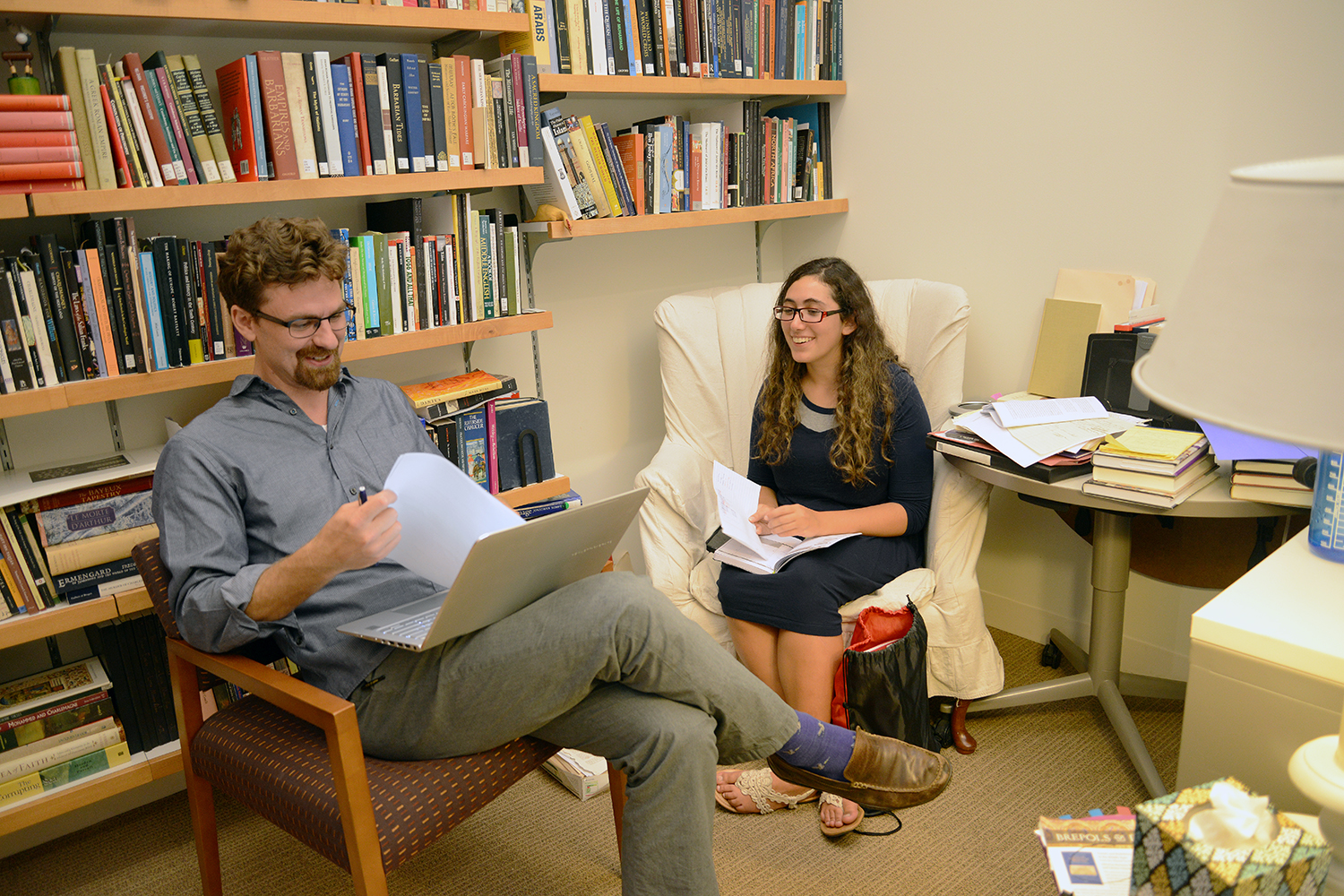 Jesse Torgerson, assistant professor of letters, with Joy Feinberg '19.