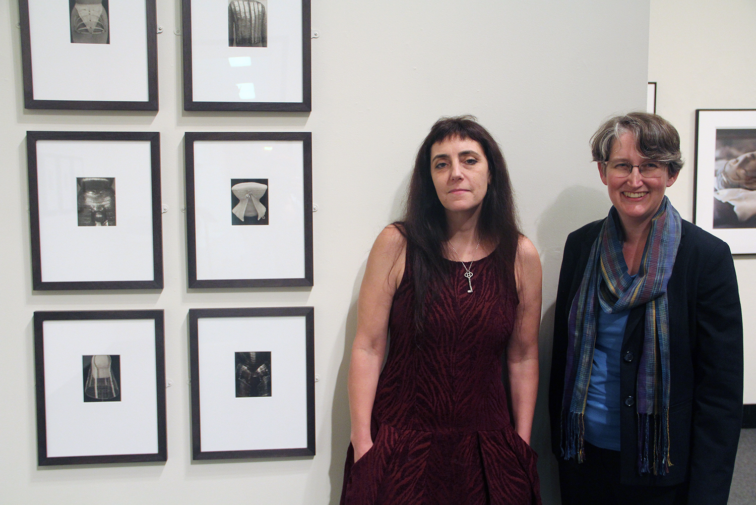 On Sept. 29, Artist Tanya Marcuse, at left, spoke about her exhibit, Phantom Bodies, on display at the Davison Art Center through Dec. 19. Pictured at right is DAC Curator Clare Rogan.