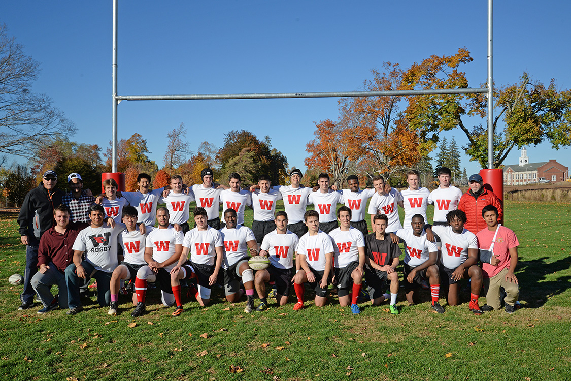 The men's rugby team is one of several club sports at Wesleyan. Pictured is the 2015 team. 