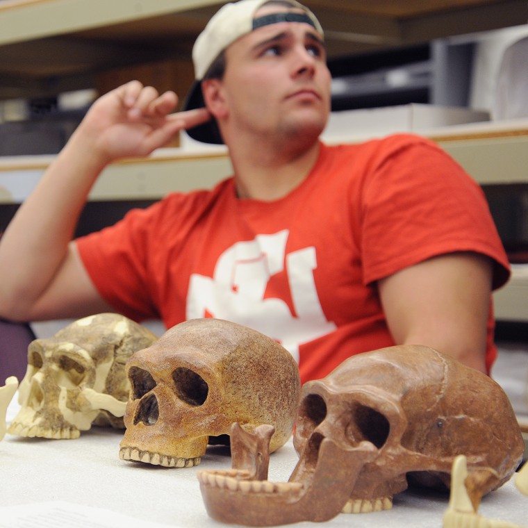 TJ Blackburn '16 listens to a classroom discussion while examining skulls from three different time periods. 