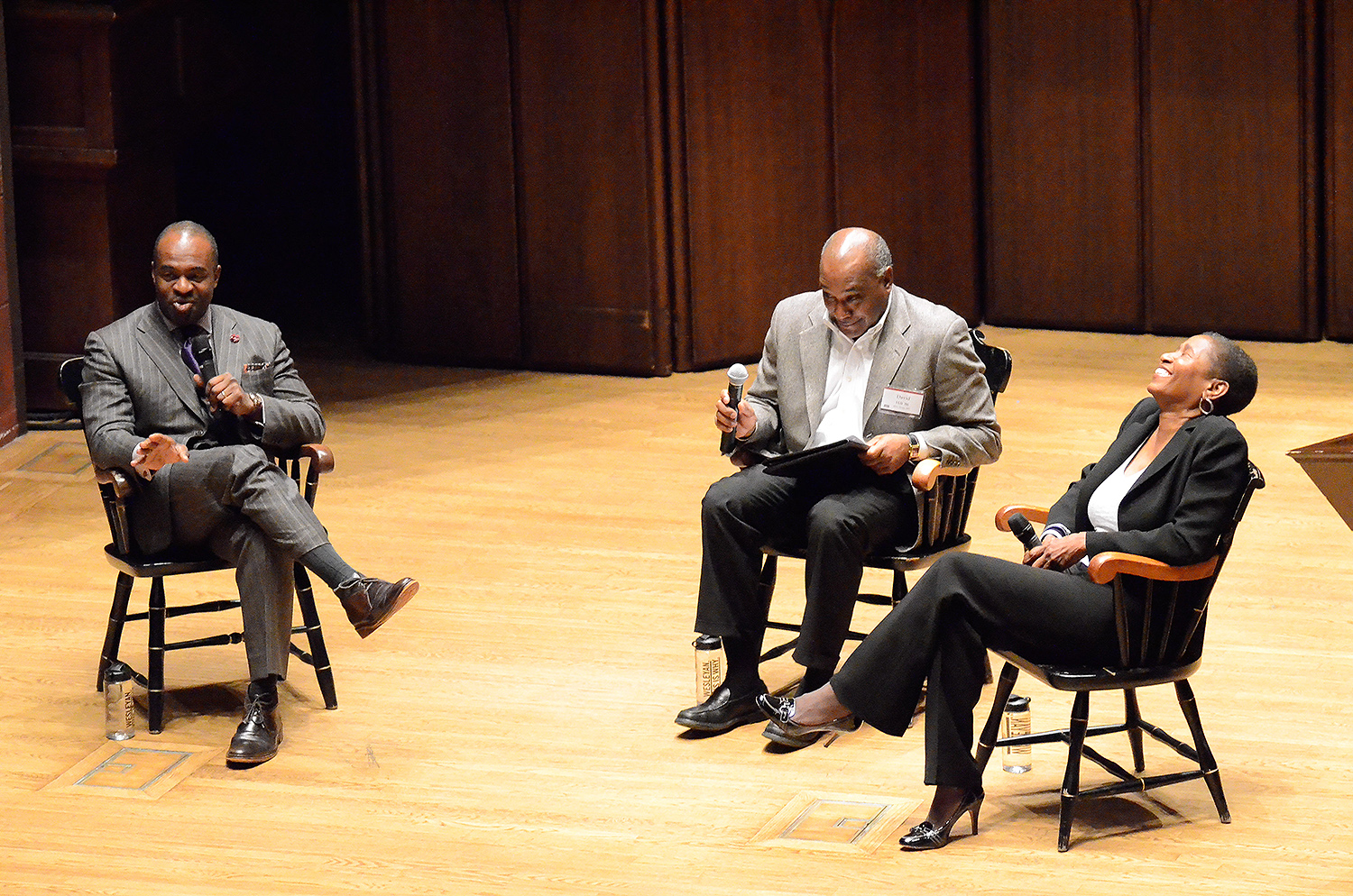 For the 23rd annual Dwight Greene Symposium on Nov. 7, Michele Roberts '77, executive director of the National Basketball Association players' union, led a discussion on Equality, Justice, and Sports with DeMaurice Smith, executive director of the National Football League's players union. (Photo by John Van Vlack)