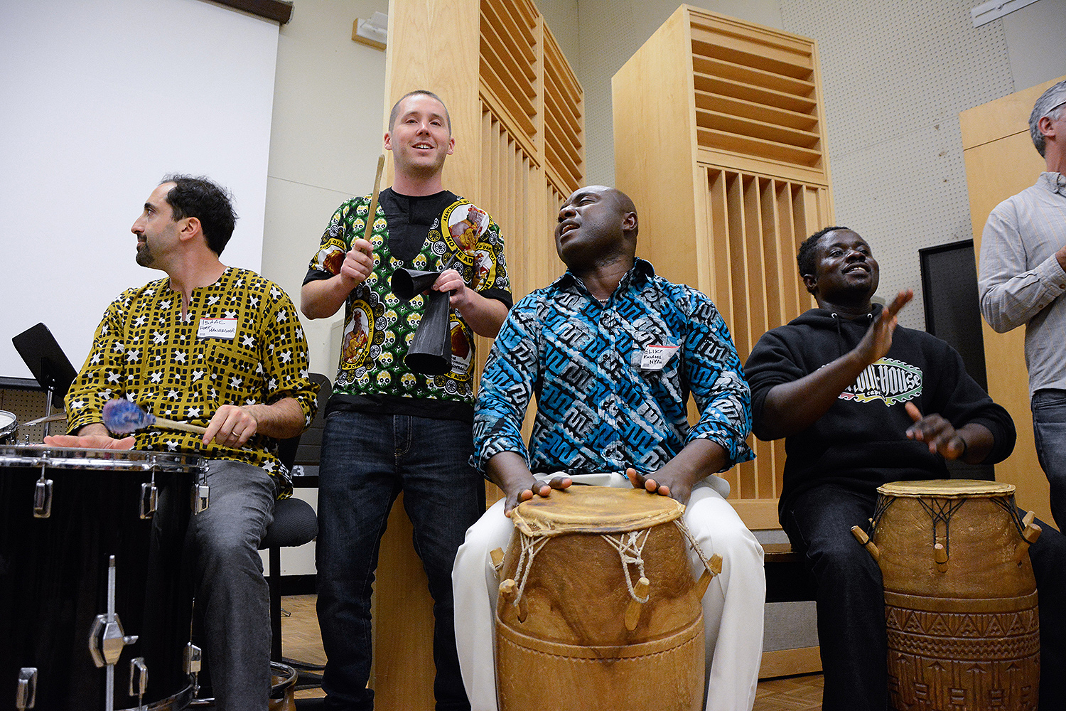 Retiring Adjunct Professor of Music Abraham Adzenyah and Artist in Residence Iddi Saaka taught a joint Homecoming/Family Weekend workshop for students, families and friends in Crowell Concert Hall on Ghanian drumming and dance, on Nov. 7. (Photo by John Van Vlack)