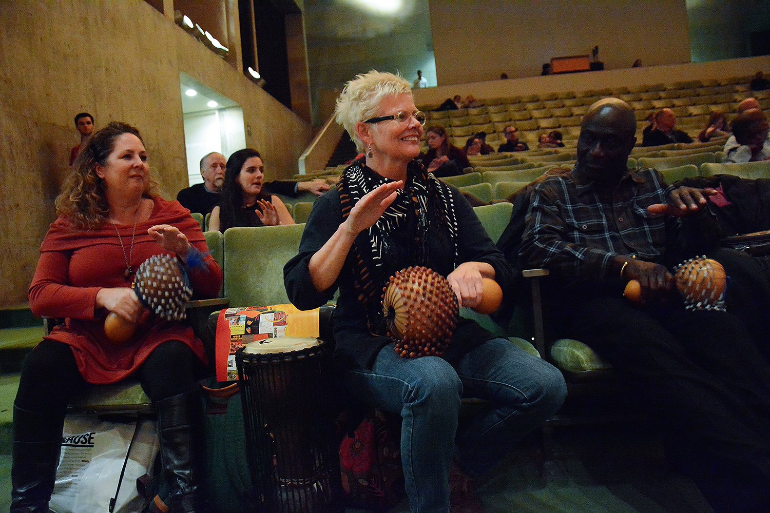 Retiring Adjunct Professor of Music Abraham Adzenyah and Artist in Residence Iddi Saaka taught a joint Homecoming/Family Weekend workshop for students, families and friends in Crowell Concert Hall on Ghanian drumming and dance, on Nov. 7. (Photo by John Van Vlack)