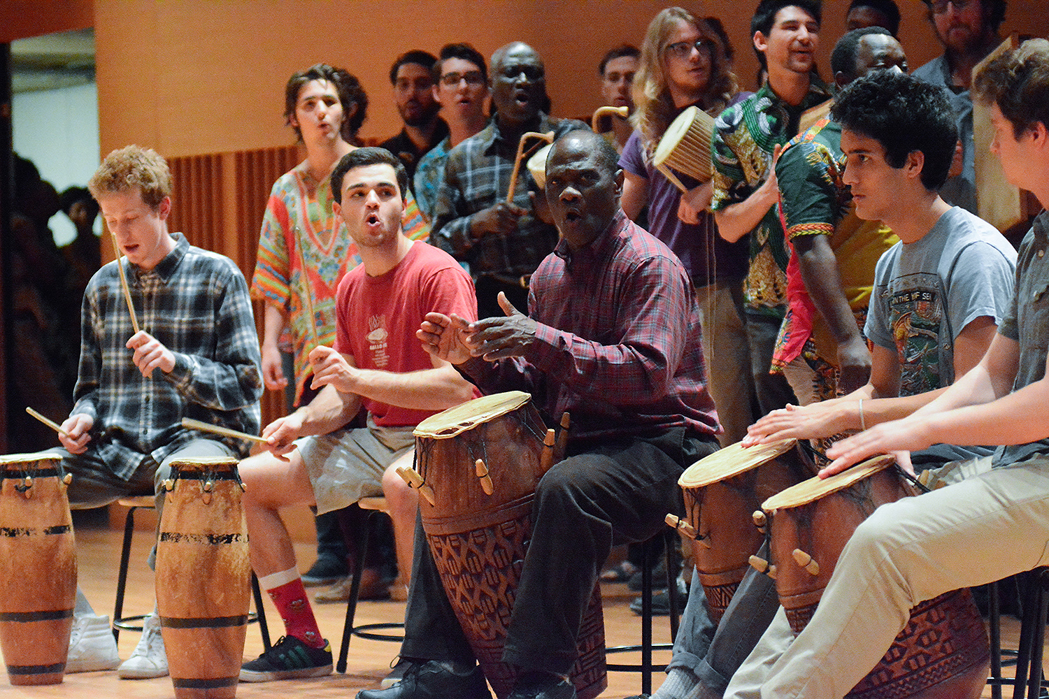 Participants in the West African Drumming and Dance workshop performed in Crowell Concert Hall on Nov. 7, with retiring Adjunct Professor of Music Abraham Adzenyah and alumni accompanying on drums. Current Wesleyan students also performed. (Photo by John Van Vlack)