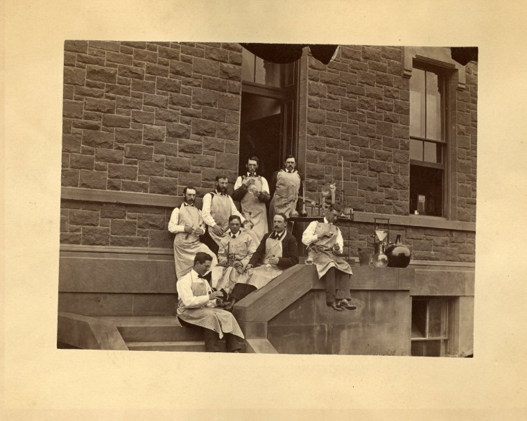 Atwater, far right back row, with his chemistry students, 1873-74. (Photo c/o Special Collections & Archives, Olin Library)