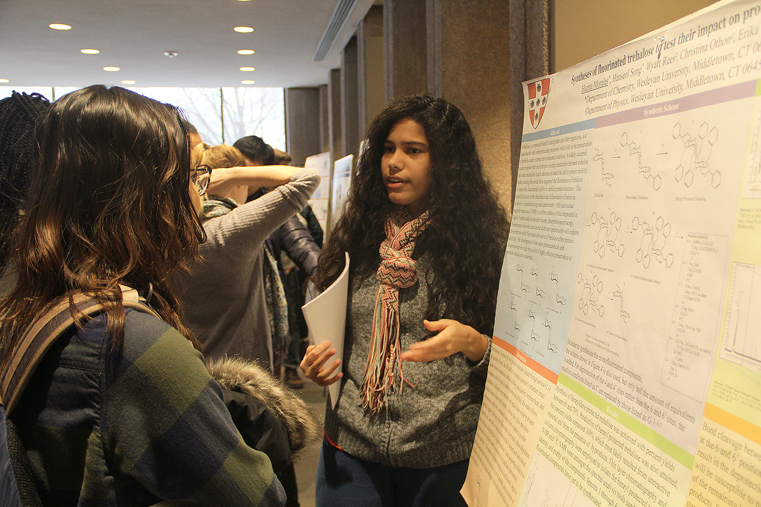 Hannah Morales '17 discusses her group’s research on “Syntheses of fluorinated trehalose to test their impact on protein stability.” The research is a collaboration between the Department of Physics and Department of Chemistry. 