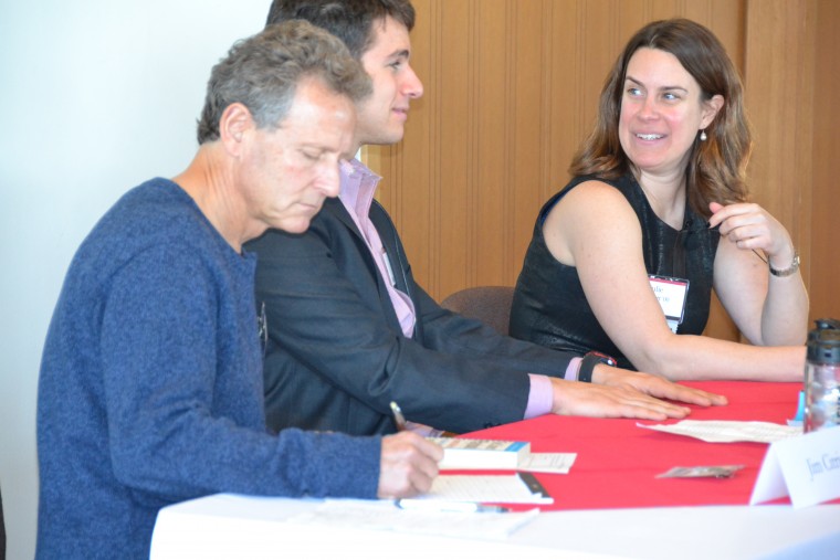 Wesleyan trustee Jim Citrin P’12, P’14, (left) and Julie Bennett ’00 led a workshop, Your Career Playbook, moderated by Zacko Brint ’16 (center).