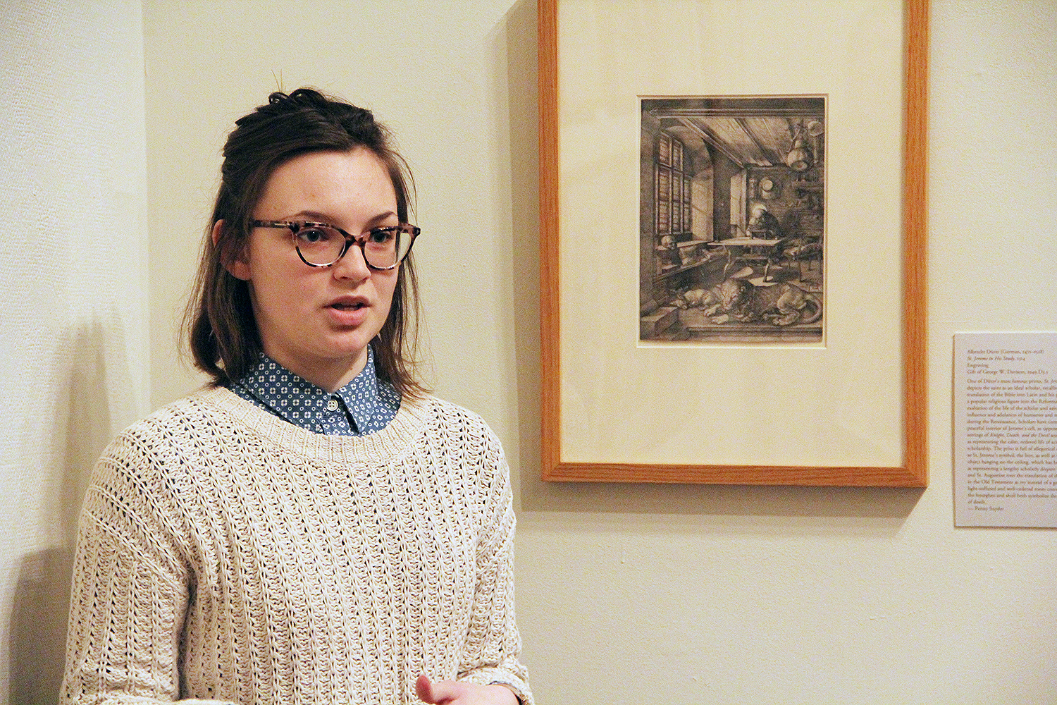 Penny Snyder '16 spoke about Albrecht Dürer's "St. Jerome in his Study," 1514, one of the "Meisterstiche" or "master engravings."