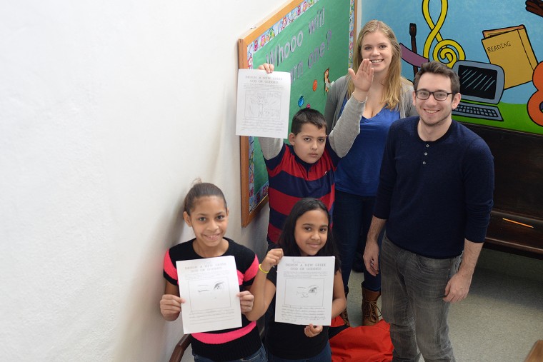 MacDonough Elementary School students Norma, Aiden and Marrisaana proudly display their Greek God and Goddesses during the WesMyth program, taught by Wesleyan student volunteers Sarah McCully '16 and Jack Spira '16. 