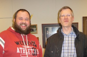 On March 4, Dan Obenchain met with Jens Grabow, a professor from the Institute of Physical Chemistry and Electrochemistry at the University of Hanover. Grabow was visiting Wesleyan to speak at the Department of Chemistry's Colloquium. Obenchain will work with Grawbow for the next two years in Germany. 