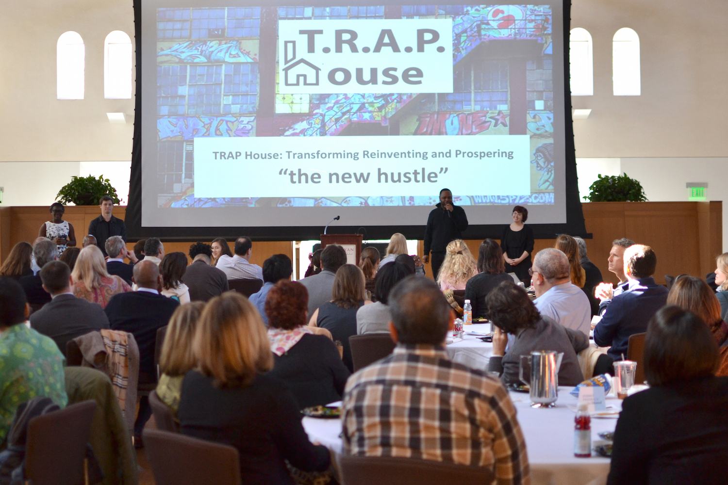 Members of team behind TRAP House, one of the three social ventures that won a seed grant, presented their pitch before a live audience of the Board of Trustees, Patricelli Center Advisory Board and others. Presenting (from left to right) are Irvine Peck's-Agaya '18, Gabe Weinreb '18, Bashaun Brown, and Sara Eismont '18.