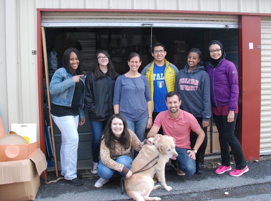 Pictured are (top row, left to right) Arielle Ashley '19, Maya Dorn '19, Rev. Tracy Mehr-Muska, Carlos Eguiluz Rosa '19, Betty Bekele '19, and Alicia Strong '18, and (bottom row, left to right) visiting international student Claire Butler, Ashey (a service pet), and Jon Heinly, an intern from Yale Divinity School.