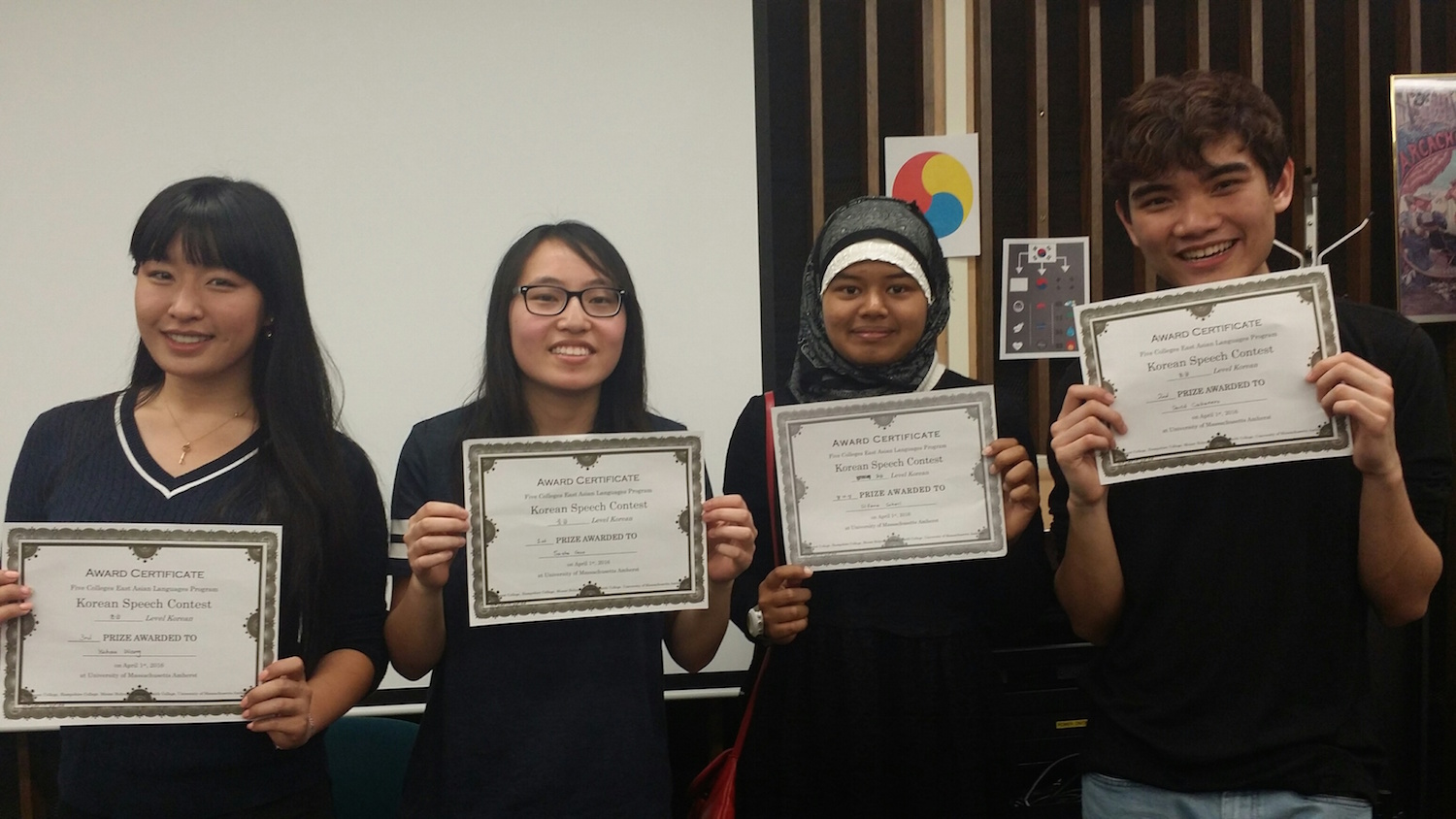 Wesleyan students Yuhan Wang '19, Sasha Guo '18, Sifana Sohail '18, and David Cabanero '19 participated in the Five College Korean Speech Contest on April 1.