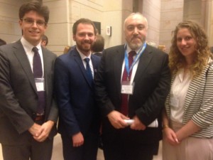 Students spoke with former Ambassador from Georgia Temuri Yakobashvili at the Ukraine in Washington forum. From left, James Reston '18, Misha Iakovenko '18 and Molly Jane Zuckerman '16.