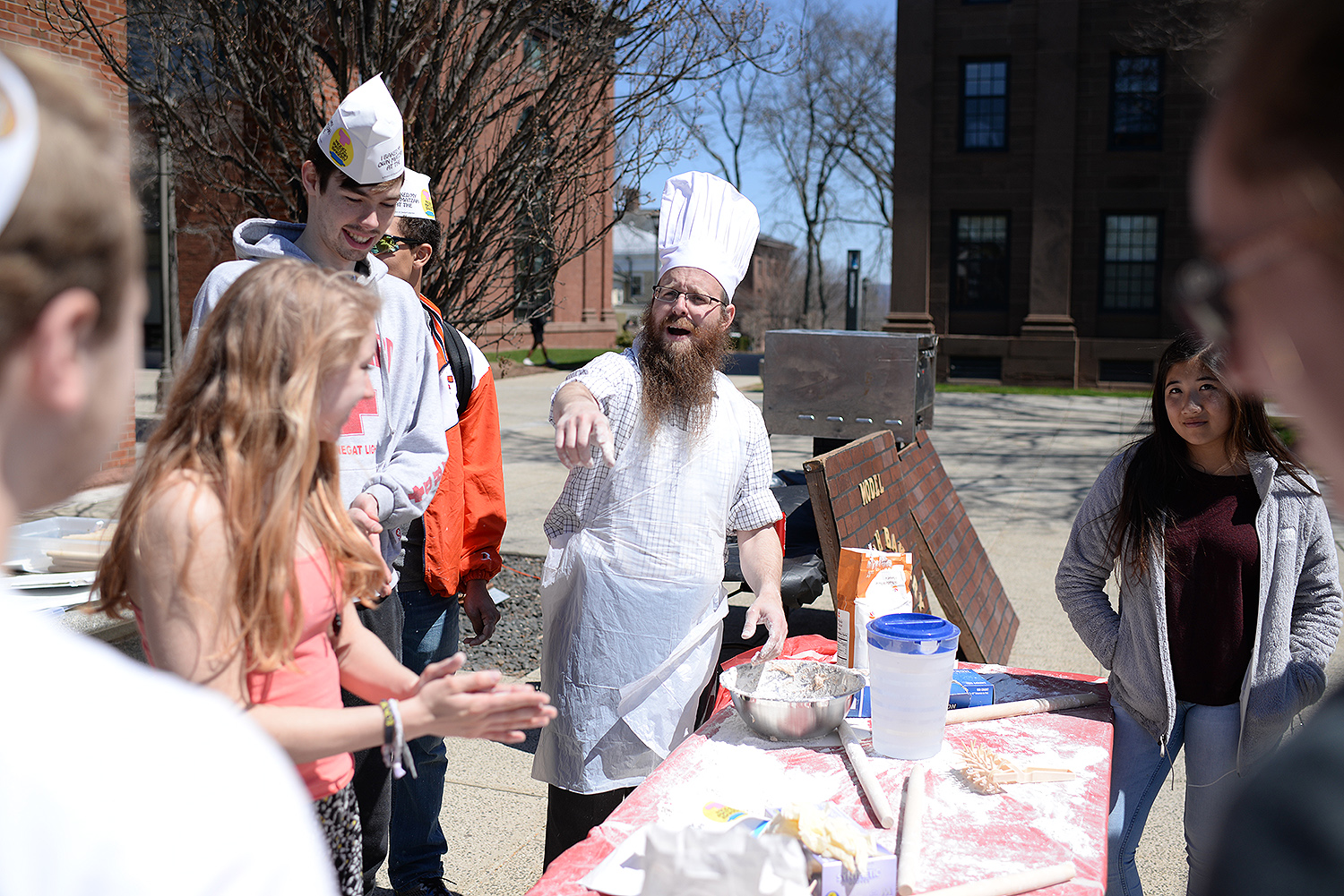 Chabad at Wesleyan and Alpha Epsilon Pi, Wesleyan’s Jewish fraternity for men, hosted their fourth annual Wesleyan Matzo Bakery April 14 on Huss Courtyard. Matzo is traditionally eaten by Jews during the week-long Passover holiday. Matzo, an unleavened bread.