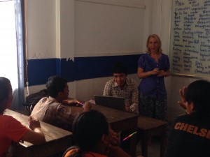 Sue Rappaport Guiney ’77, founder of Writing Through, leads an English creative writing class in Cambodia.