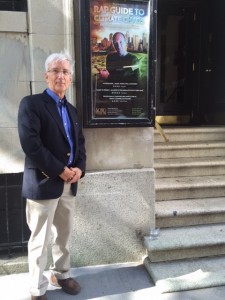 Gary Yohe answered audience questions about climate change during the off-Broadway production, "Rap Guide to Climate Change" on May 29.