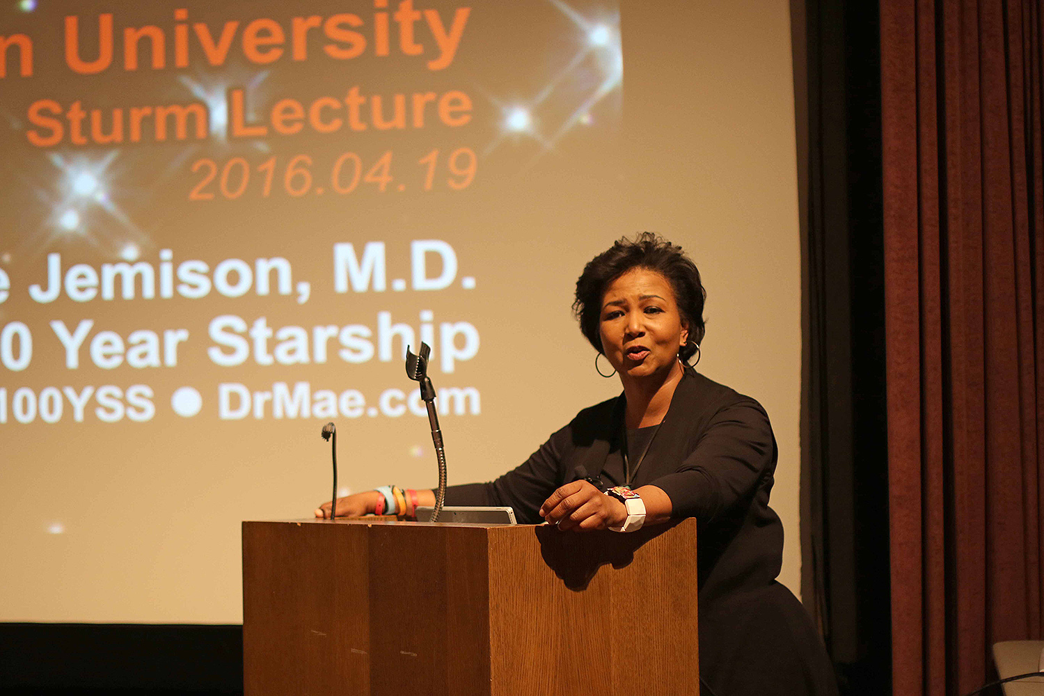 Dr. Mae Jemison, an astronaut, physician, Peace Corp. volunteer and dancer, delivered the annual Sturm Lecture April 19 in the Ring Family Performing Arts Hall. Her topic was "Exploring the Frontiers of Science and Human Potential." 
