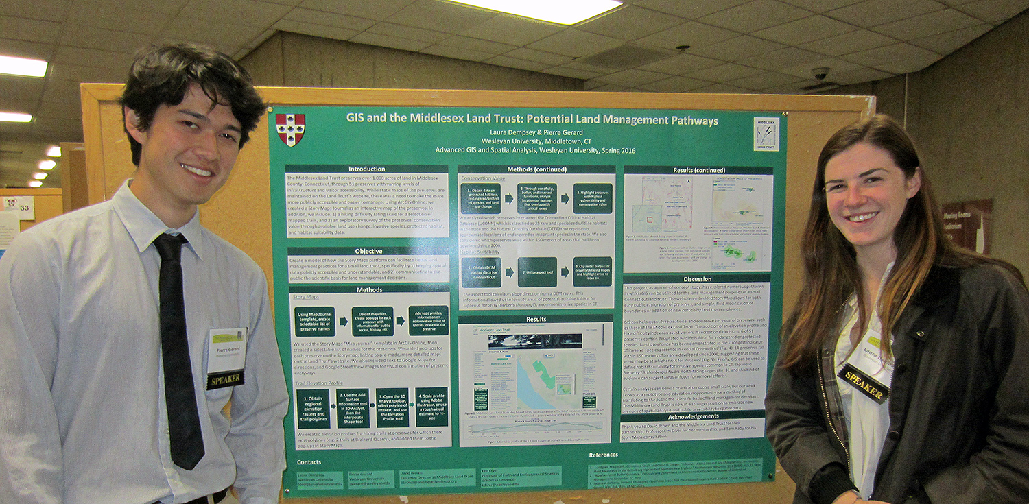 Pierre Gerard and Laura Dempsey presented a poster outlining service-learning work for the Middlesex Land Trust. Their project was titled "Potential Land Management Pathways." The students created a Story Map Journal for the Middlesex Land Trust on ArcGIS Online, to integrate information about each of the preserves with interactive maps. In addition, they performed a series of spatial analyses, including: 1) a hiking difficulty rating scale for a selection of mapped trails and 2) ranking the conservation value of the preserves through available land-use change, invasive species, protected habitat, and habitat suitability data. 