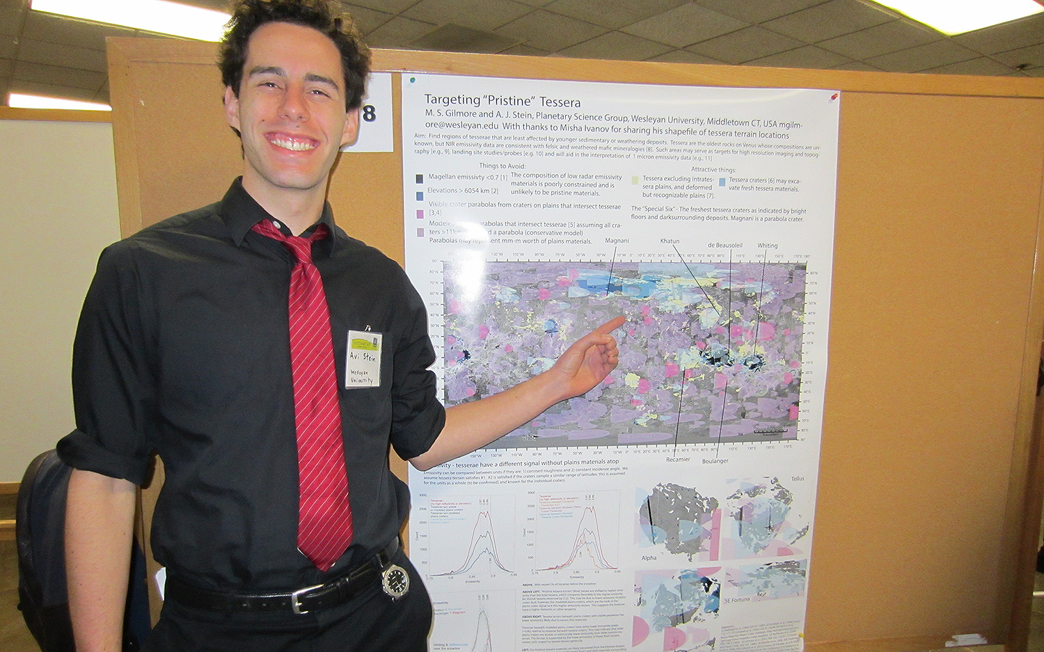 Avi Stein '17 presented his research titled "Mapping 'Pristine' Tessera Regions on Venus." From isotope fractionation, scientists know Venus used to have huge reserves of water, but only 10 percent of the surface known as tessera regions, has mineralogical clues that may provide a window to the past. Stein used satellite imagery of Venus and raster analysis tools in a software called ArcMap to identify the tessera regions. 