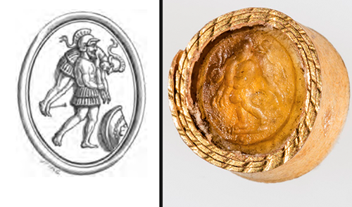 The student researchers determined this Roman intaglio (at right) pictured Ajax carrying Achilles over his shoulder. An arrow is sticking out from the top of Achilles' foot. By using The Handbook of Engraved Gems by C. W. King, the students were able to find an illustration of a similar gem. "This is how we came to the conclusion that it is Ajax carrying Achilles," Margot Metz said. 