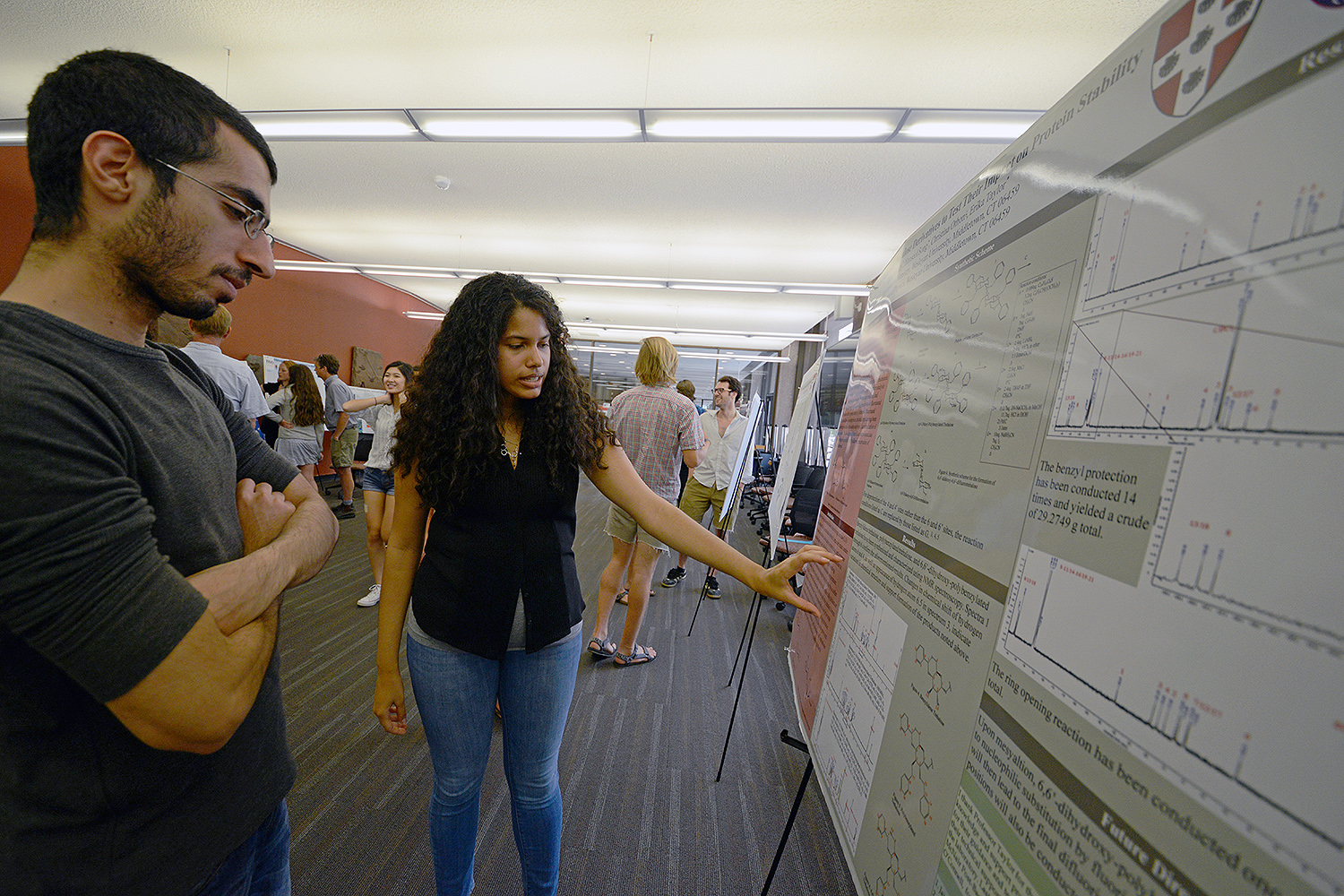 Hannah Morales ’17 presented her poster titled “Syntheses of Fluorinated Trehalose Derivatives to Test Their Impact on Protein Stability. Morales’ advisors are Christina Othon, assistant professor of physics, and Erika Taylor, associate professor of chemistry. 